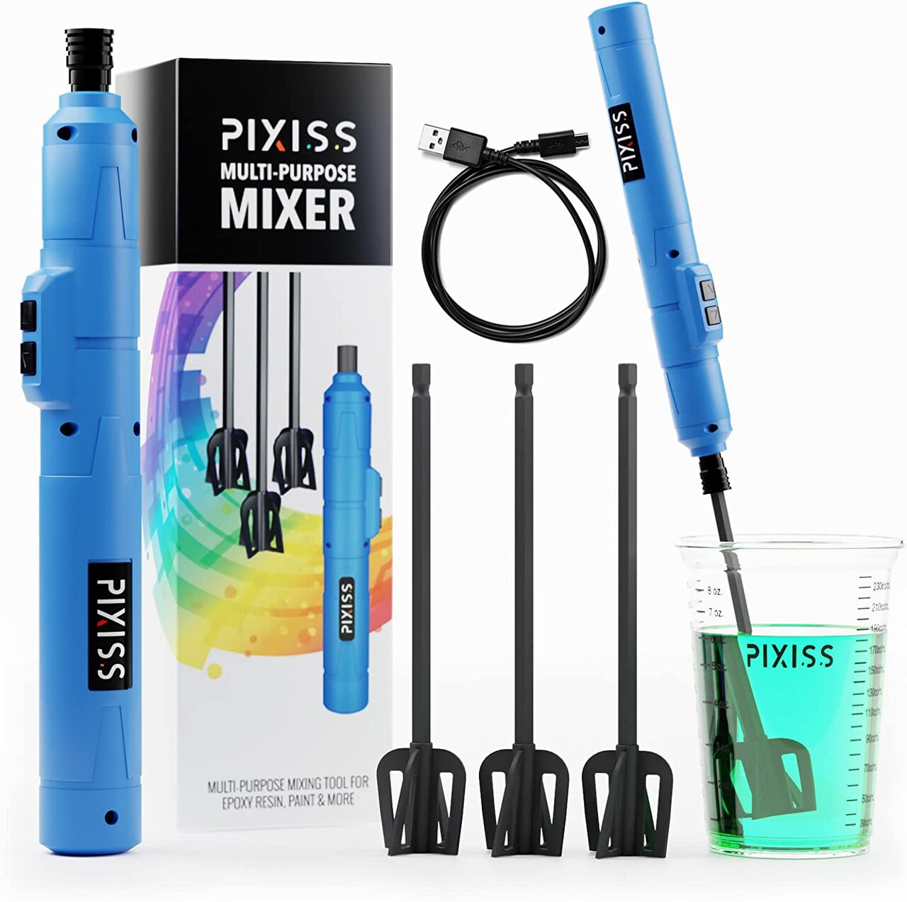 Pixiss Epoxy Resin Mixer - Rechargeable, Electric Handheld Mixer, Includes 3 Paddles